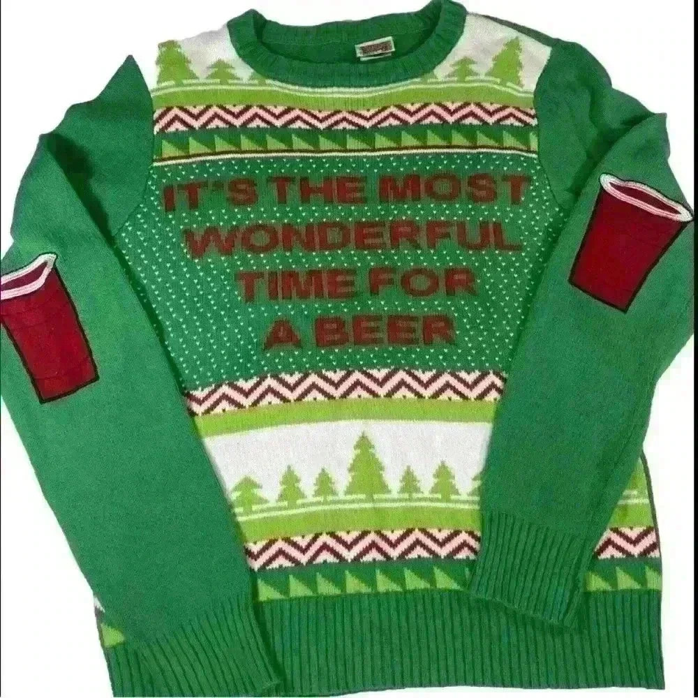 Spencer Gifts Mens Ugly Christmas Sweater Green Beer‎ Party Cup Elbow Patch Med
